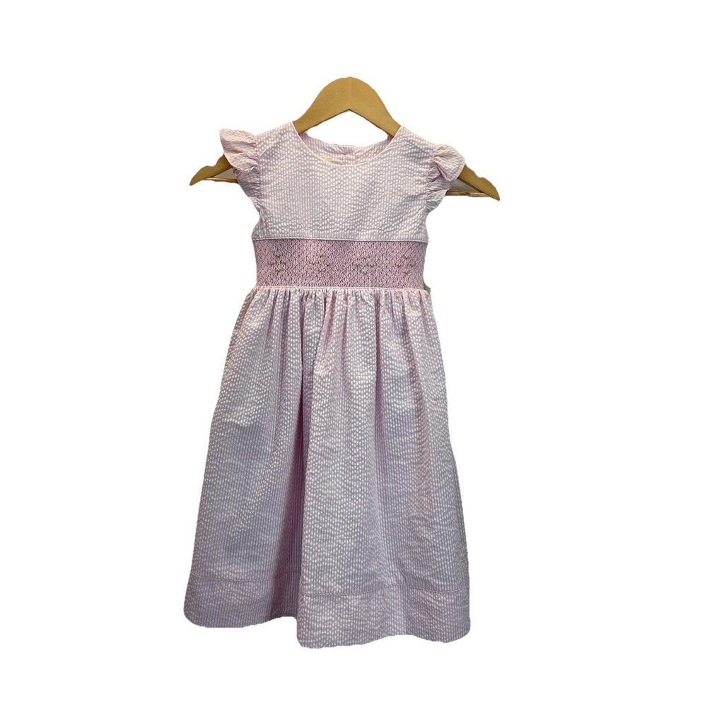 New LAURA ASHLEY Girl's Pink Dress Smocked Embroidered Seersucker Tie Spring